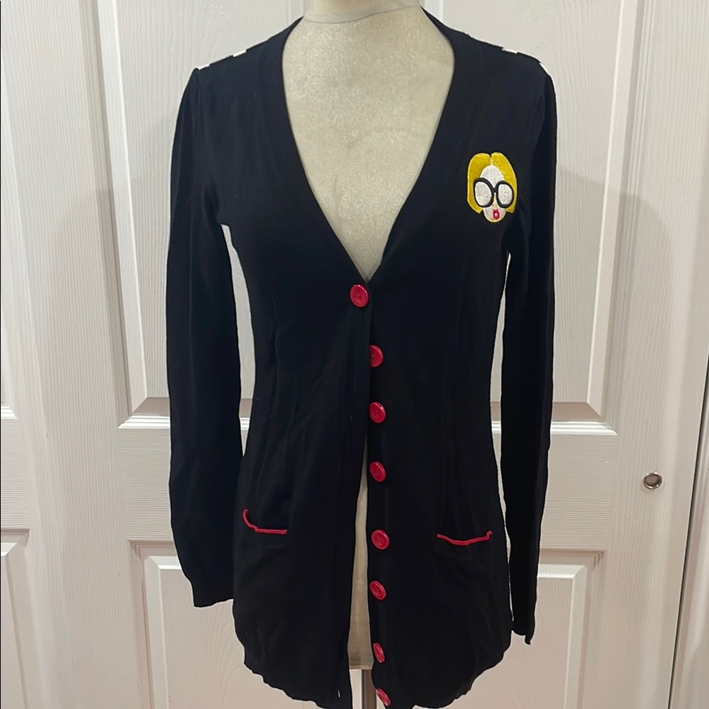 Black Cardigan with Red Buttons and Embroidered Patch